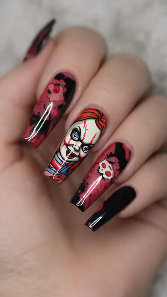 31 Chucky Nails That Are Creepy, Fun, and Perfect for Halloween 4 coffin nails with blood drips and a