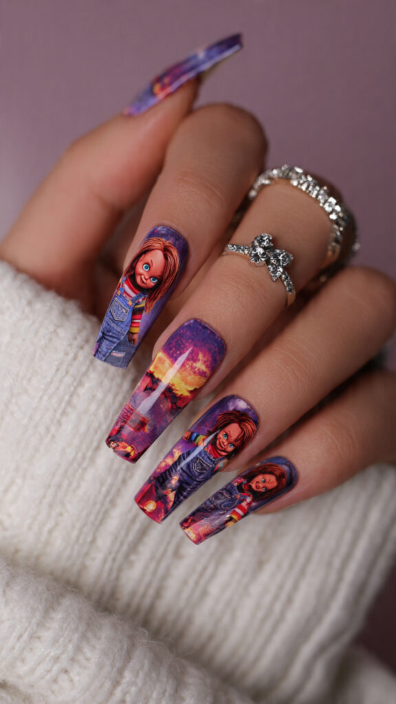 31 Chucky Nails That Are Creepy, Fun, and Perfect for Halloween 9 coffin nails with distressed chucky overalls print
