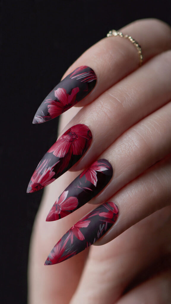 Glossy Black Nails With Dripping Red Heart Accent