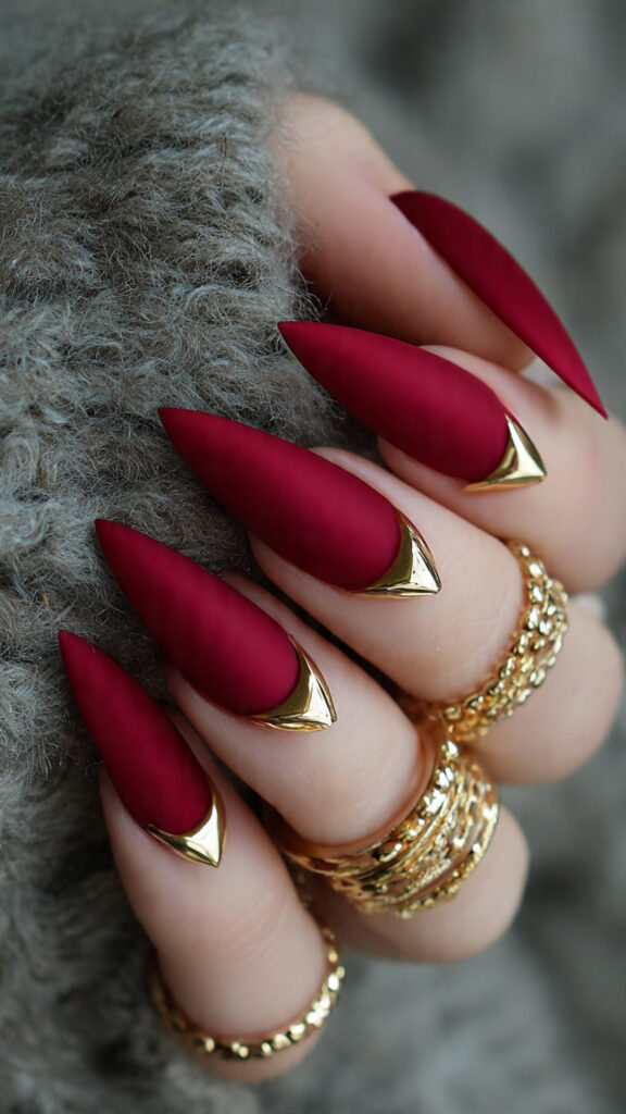 29 Vampire Nails That Are Dark, Chic, and Perfect for Halloween 21 crimson nails with gold dagger accents stiletto
