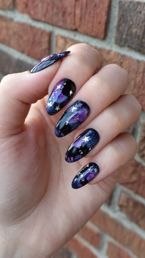 Galaxy Black Cat Nails With Star Accents