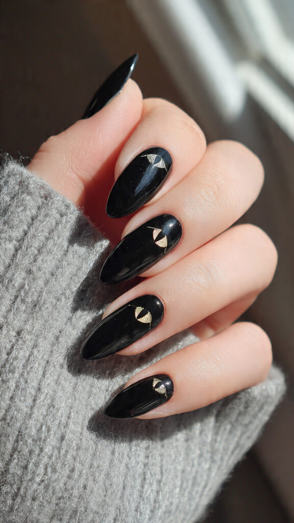 Glossy Black Nails With Peekaboo Cat Eyes