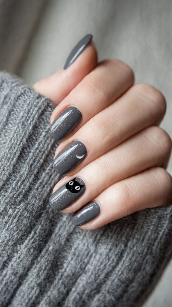 Glossy Gray Nails With Black Cat Accent