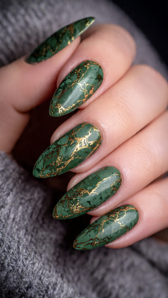 glossy green nails with rusty crackle veins
