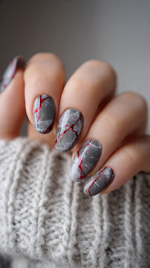 Grey Marble Nails With Blood Vein Effects