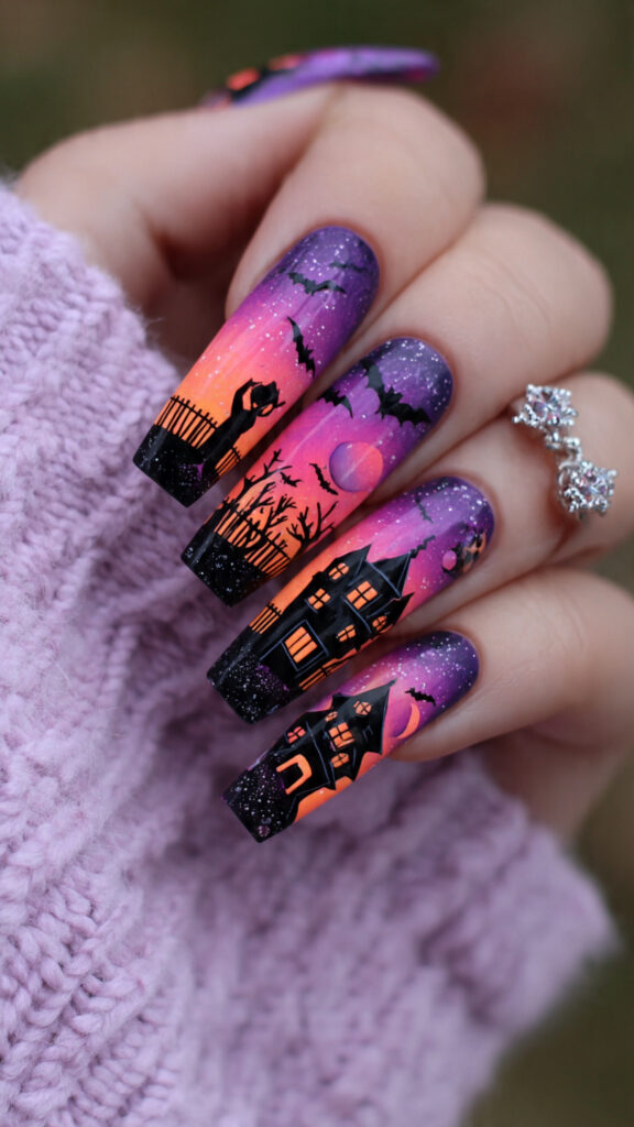 20 Spooky Nails to Try This Halloween: Creepy, Cute, and Stylish Ideas 3 halloween coffin nails with a haunted house
