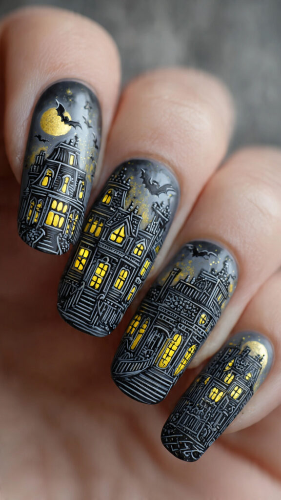 20 Spooky Nails to Try This Halloween: Creepy, Cute, and Stylish Ideas 8 haunted mansion scene with black and gray
