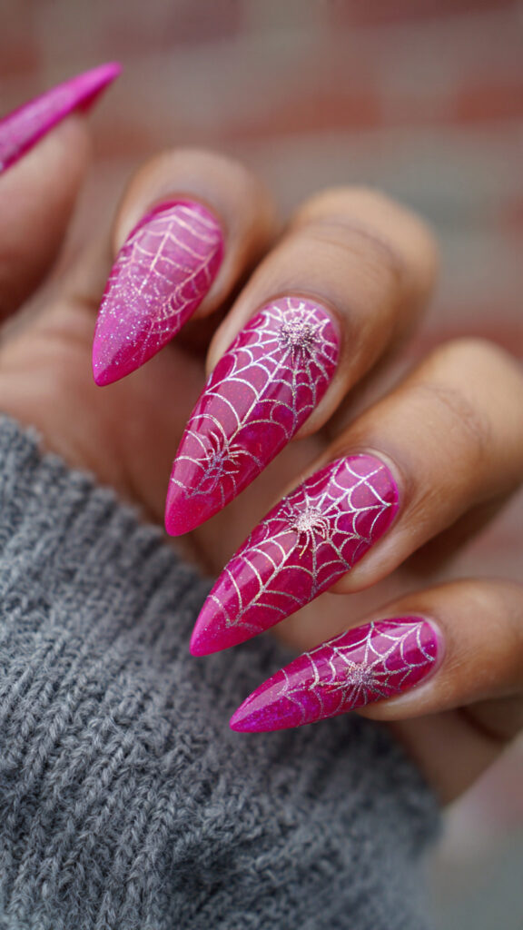 Pink Glitter Web Stiletto Nails