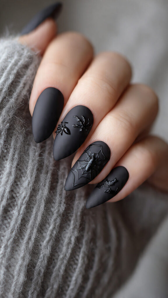 20 Spooky Nails to Try This Halloween: Creepy, Cute, and Stylish Ideas 2 matte almond nails with tiny spooky spider