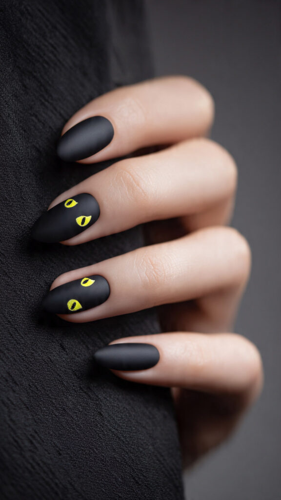 Matte Black Nails With Yellow Cat Eyes