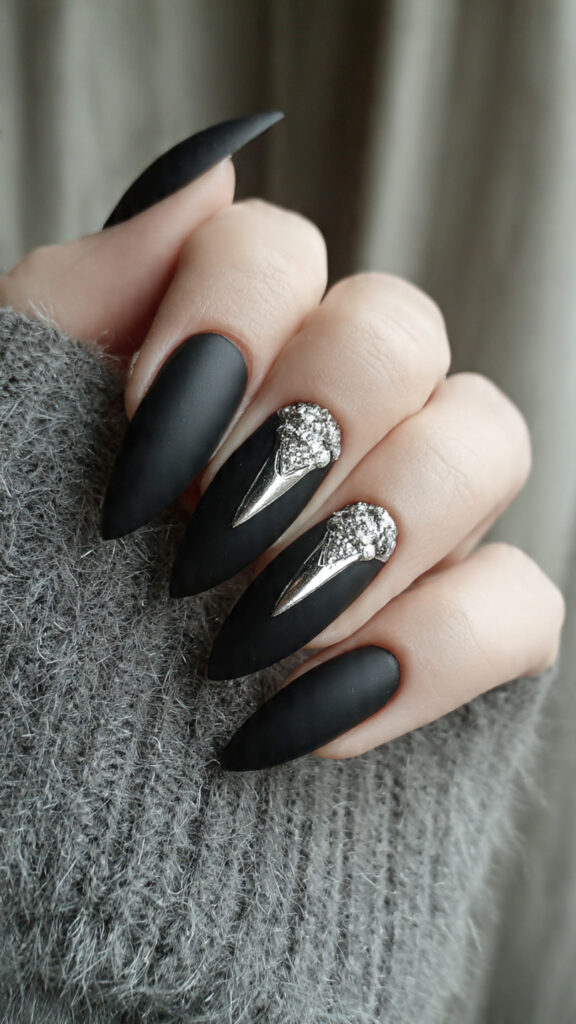 Matte Black Nails With Silver Dagger Accents