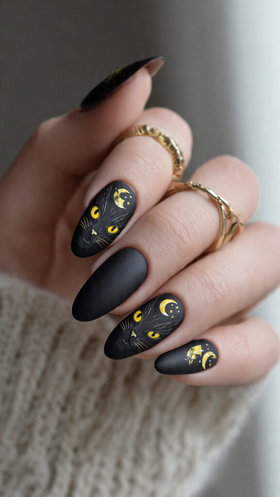 Matte Black Nails With Yellow-Eyed Cat and Moons