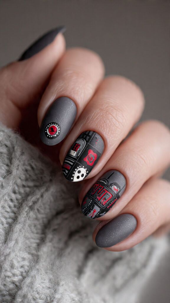 Matte Grey Nails With Black Friday the 13th