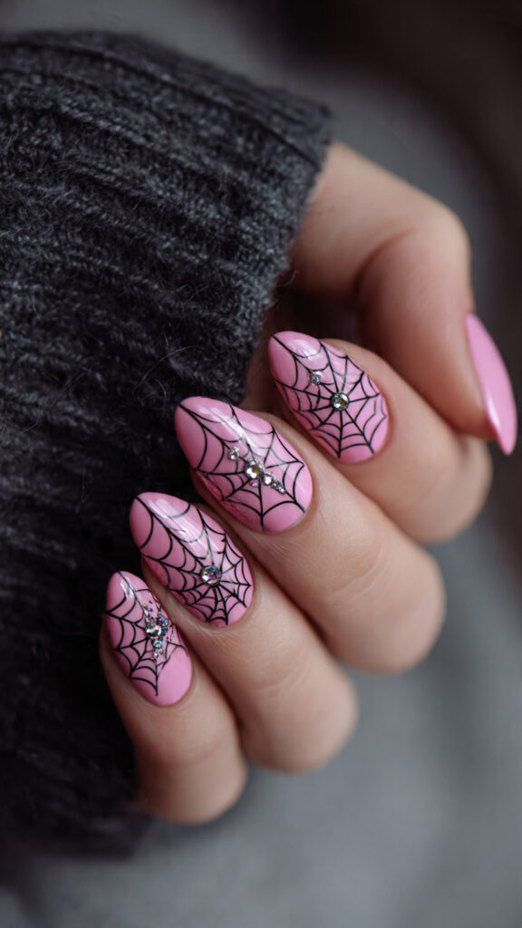 Hot Pink Webbed Rhinestone Nails