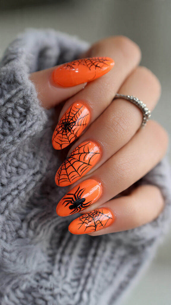 20 Spooky Nails to Try This Halloween: Creepy, Cute, and Stylish Ideas 12 orange jelly nails with black spider web