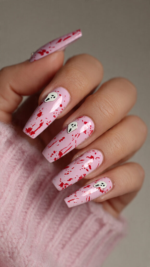 pastel pink coffin shaped nails with red splatter 1