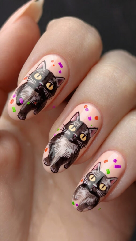 Peachy Halloween Nails With Black Cats and Confetti