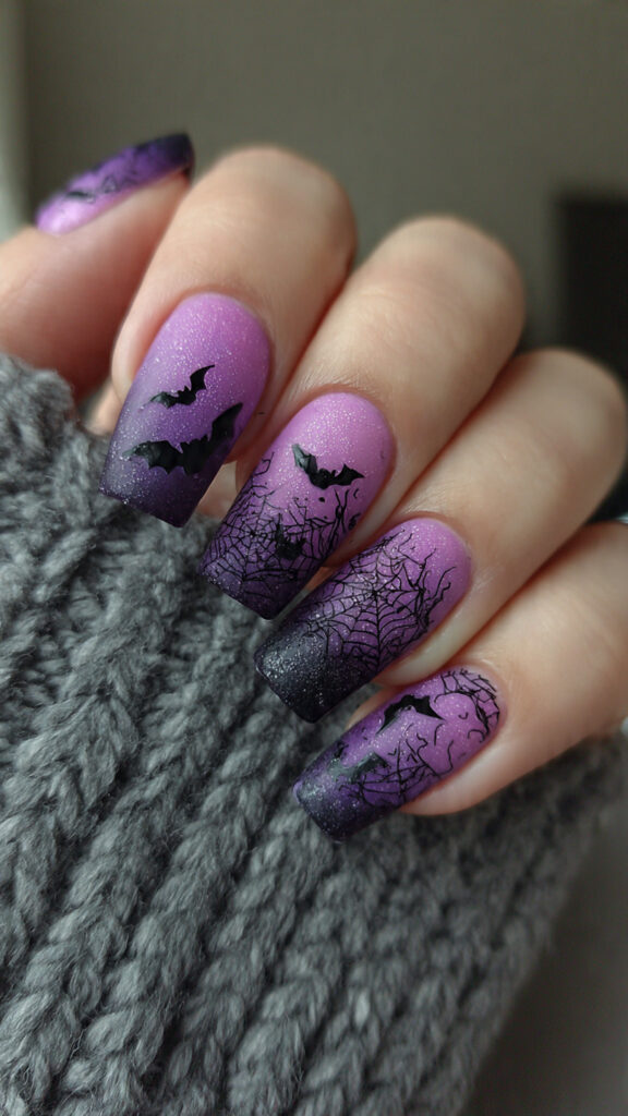 20 Spooky Nails to Try This Halloween: Creepy, Cute, and Stylish Ideas 17 purple ombr square nails with black bat
