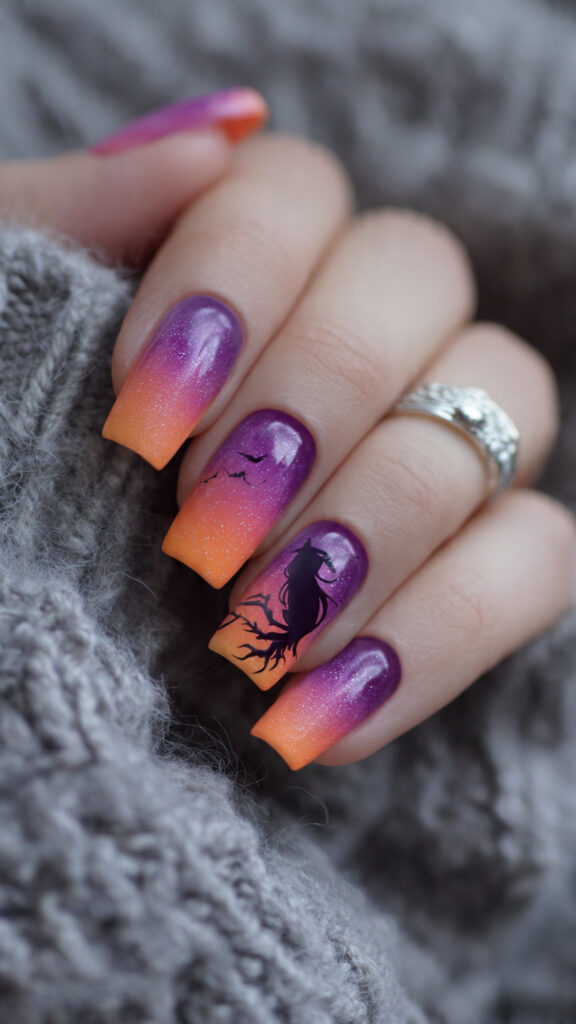 purple orange ombr nails with witch silhouette