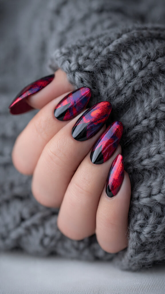 20 Spooky Nails to Try This Halloween: Creepy, Cute, and Stylish Ideas 20 red and purple metallic almond nails with