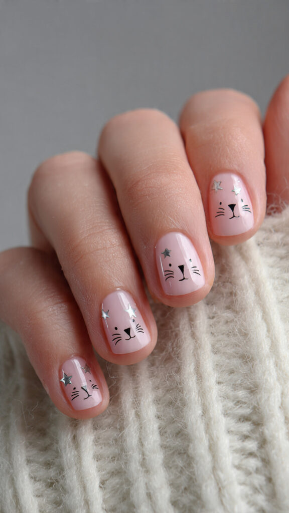 Short Nude Nails With Cat Faces and Stars
