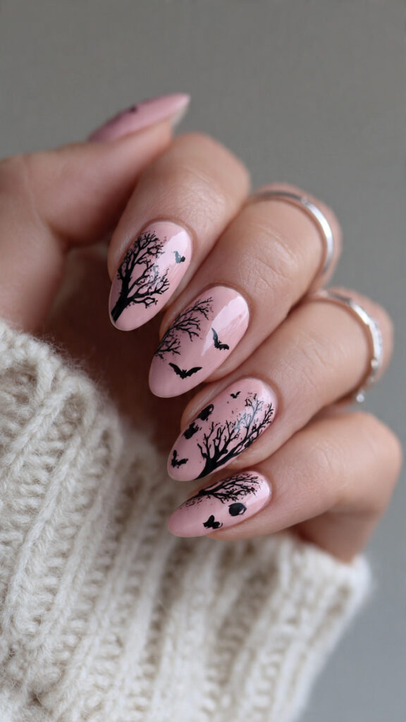 soft pink almond nails feature delicate black 1