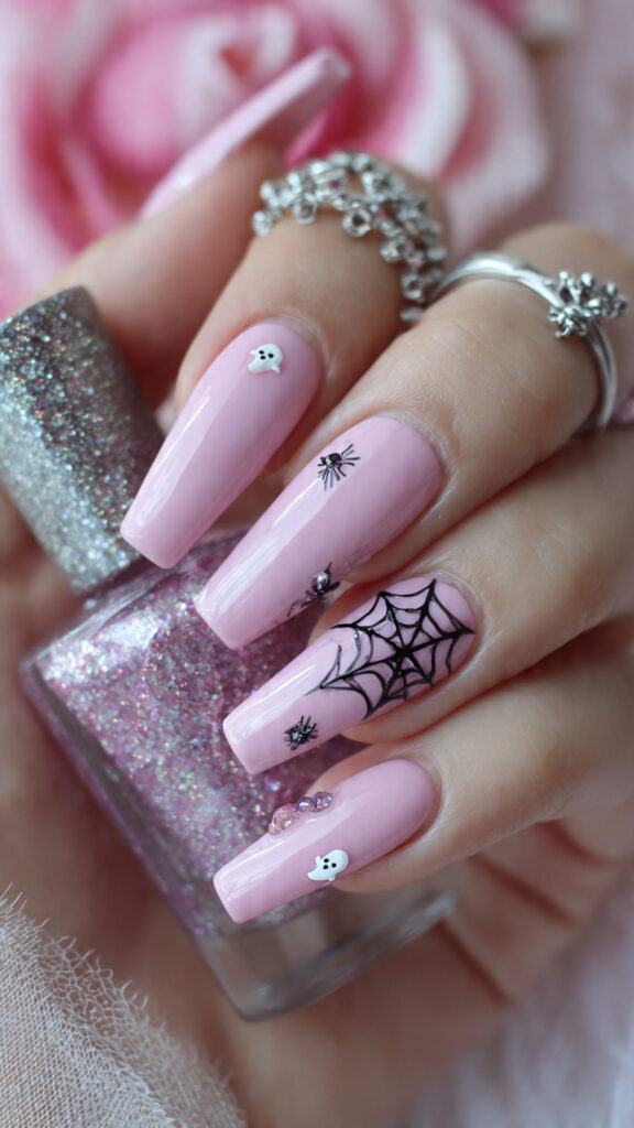 Pink Coffin Nails with 3D Ghosts and Spiderwebs