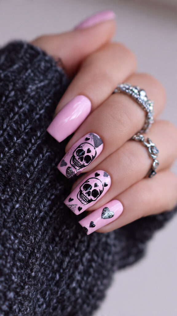 Pink Coffin Nails with Grunge Skull and Heart Art