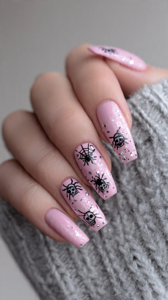 Pink Skull and Spider Coffin Nails