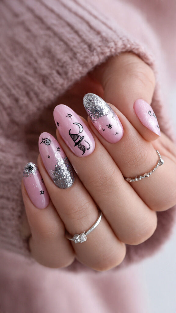 Pink Witchy Silver Accent Nails