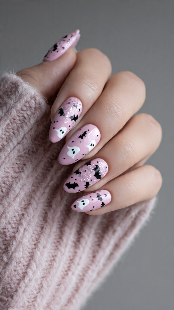 Cute Pink Ghost and Bat Nails