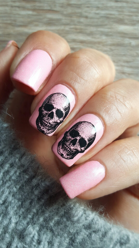 Pink Skull Accent Square Nails