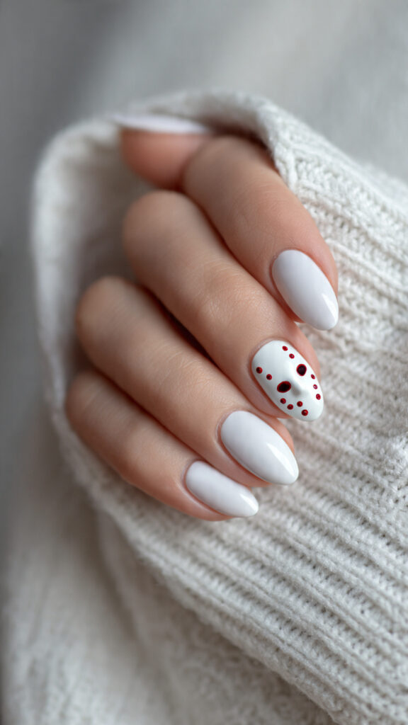 Soft White Almond Nails With Jason Mask Accent