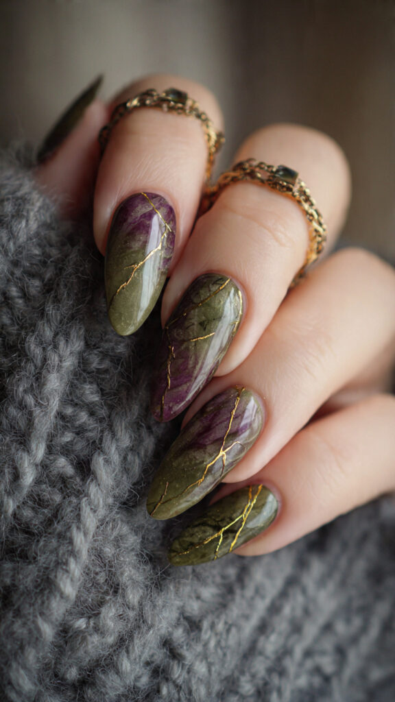 spellbook inspired olive and purple nails with gold