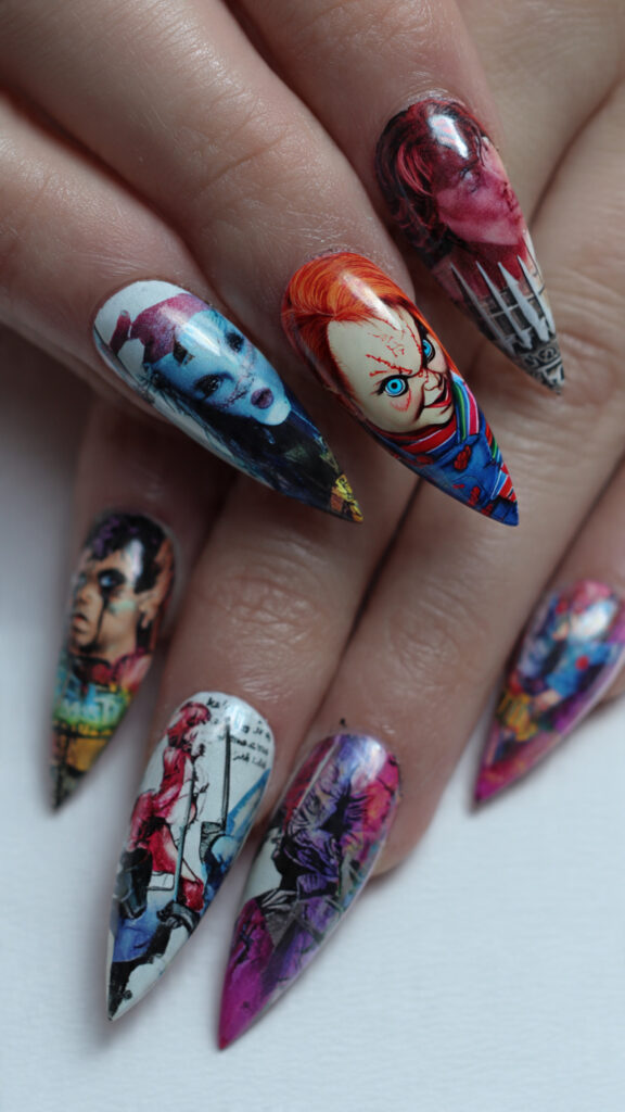 31 Chucky Nails That Are Creepy, Fun, and Perfect for Halloween 2 stiletto blood drip nails with full chucky character