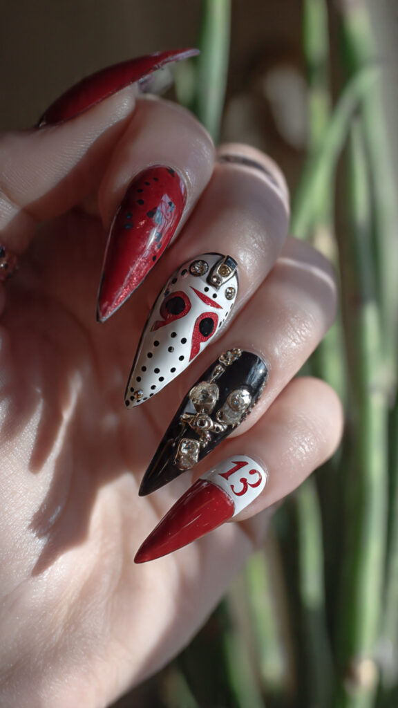 Stiletto Blood Drip Nails With Jason Mask and Number 13