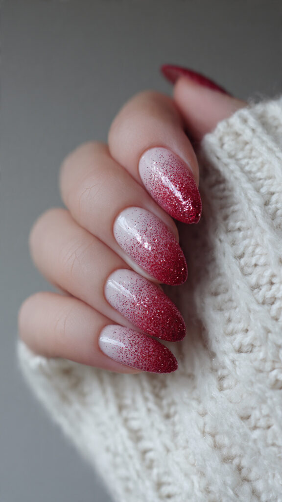 Red Glitter Ombre Drips on Nude Almond Nails