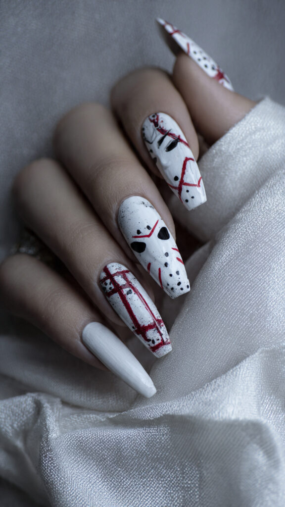 White Coffin Nails With Jason Mask and Blood Splatter