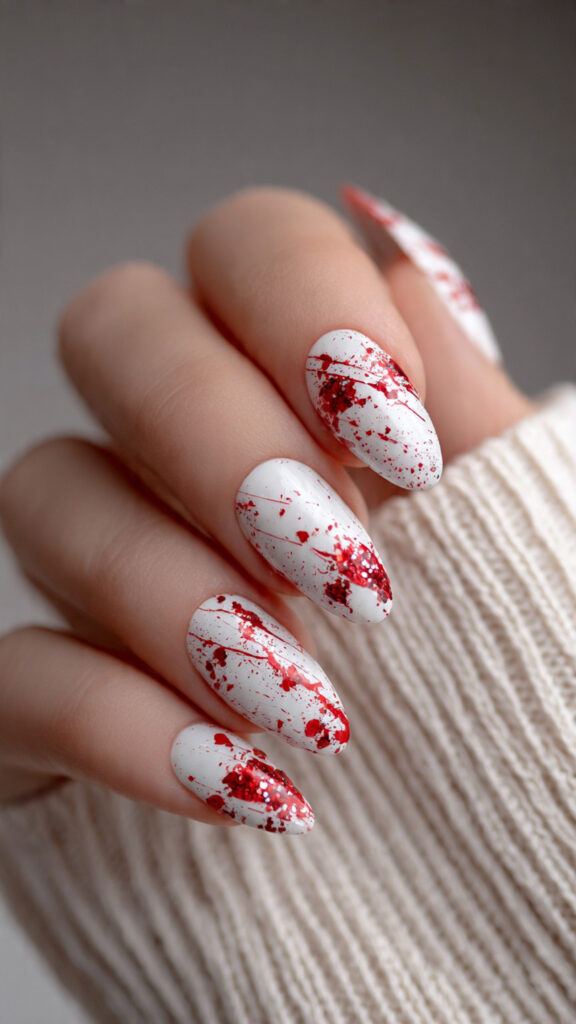 White and Red Splatter Drip Nails