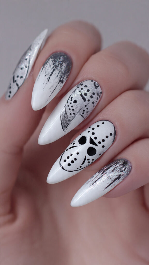 White Nails With Jason Mask and Blood