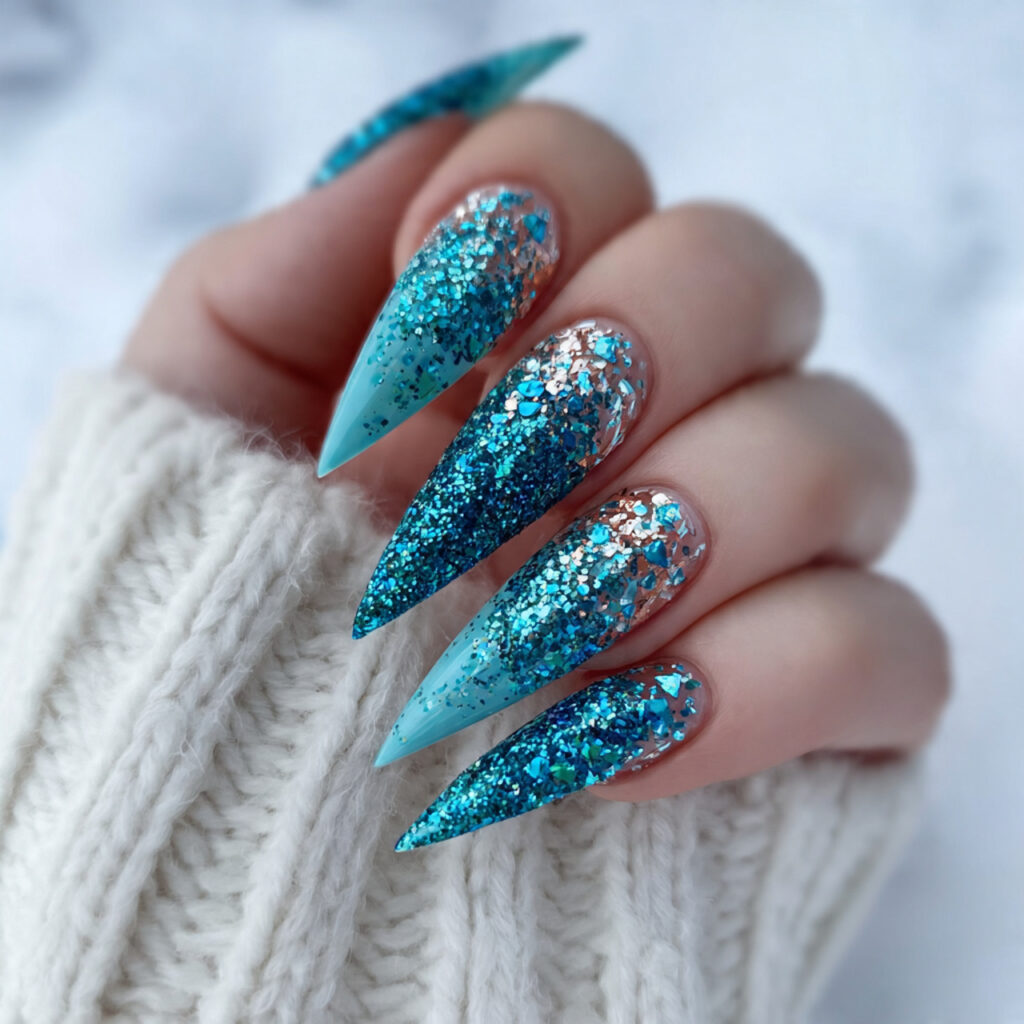 10 arctic teal glitter tip stiletto nails