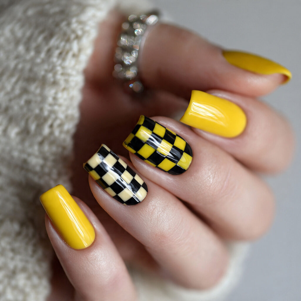 16 checkerboard yellow nails for a fun