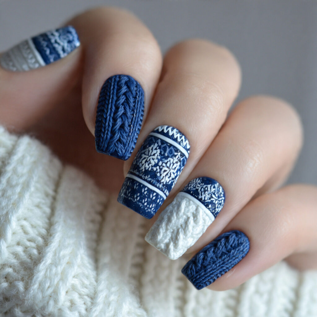 16 navy knit winter nail design navy