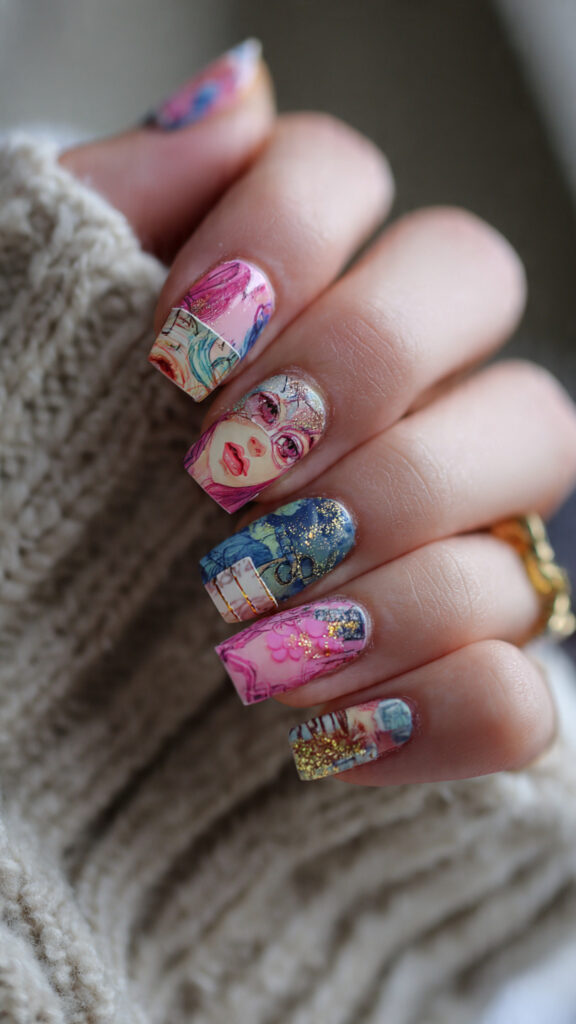 16 ombre patchwork nails with glitter and