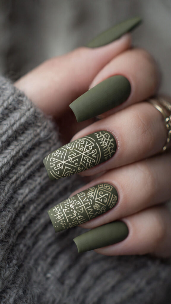 20 matte olive green square nails with