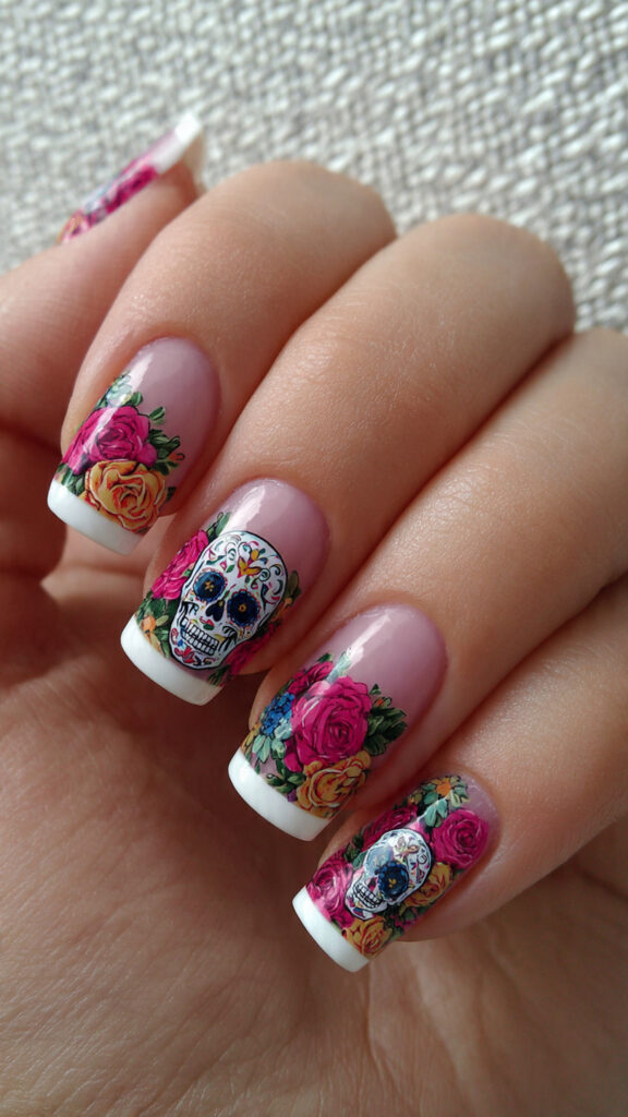 21 french tip nails with floral sugar