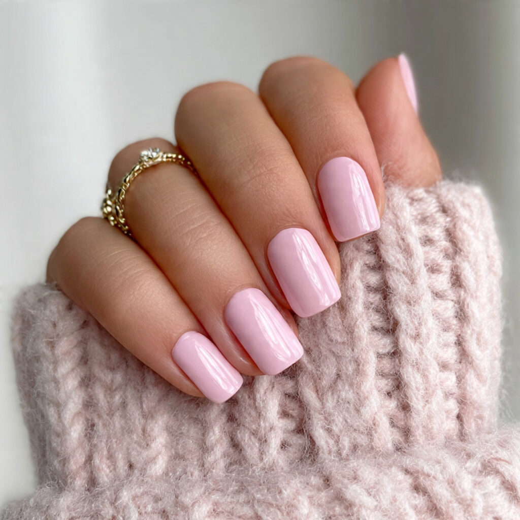 2 light pink january nails with glossy