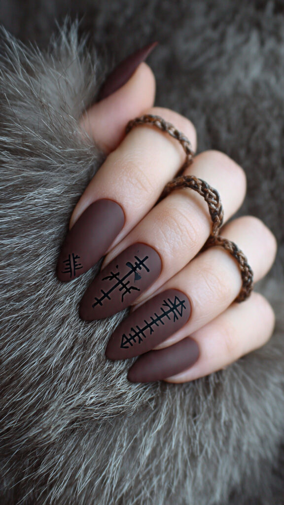 3 matte brown almond nails with black