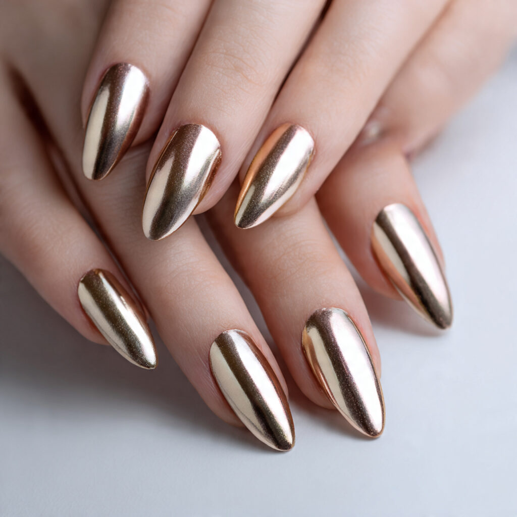 20 Trendy Chrome Nail Ideas to Make Your Nails Shine 12 a set of almond shaped nails on well groomed
