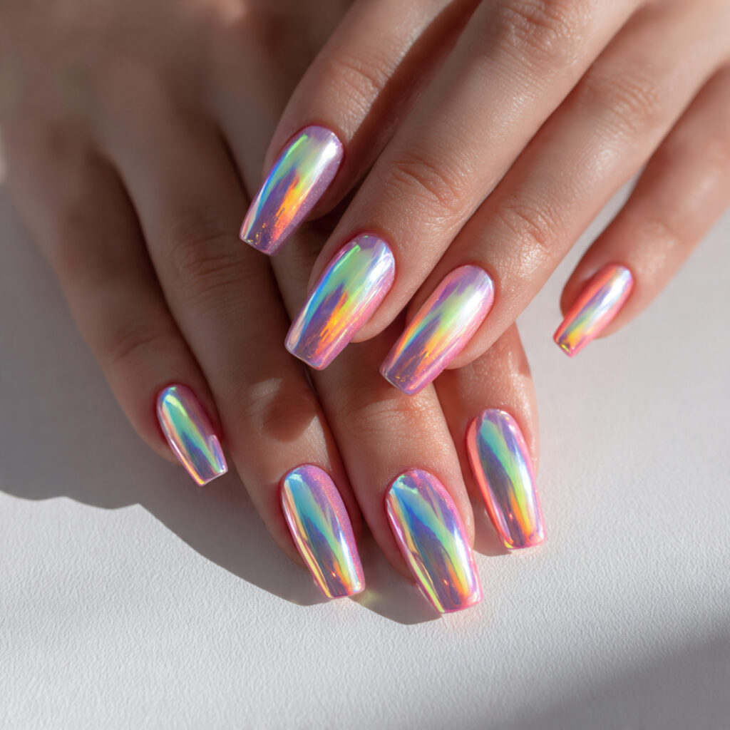 20 Trendy Chrome Nail Ideas to Make Your Nails Shine 5 a set of holographic chrome nails on